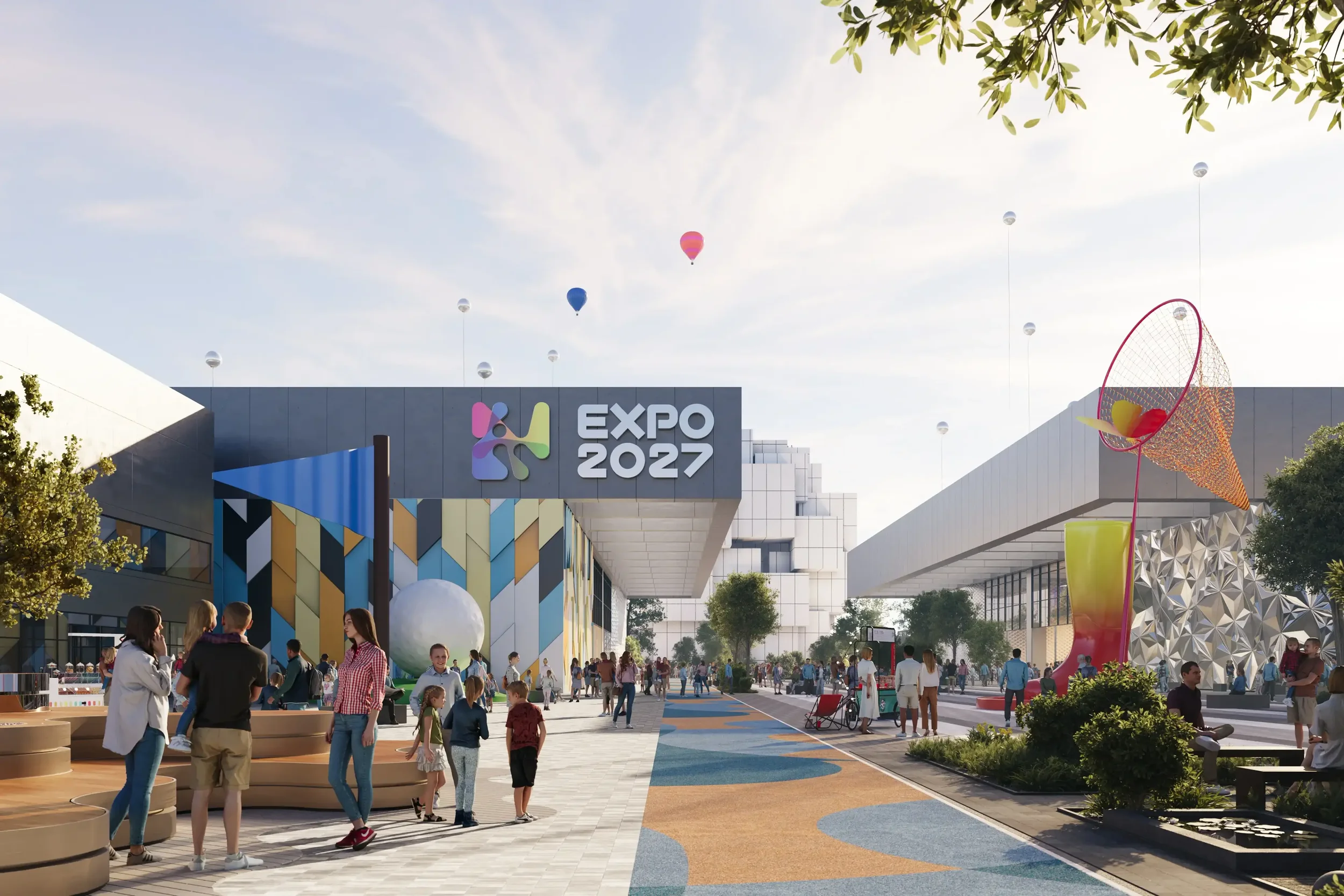 Une foule de personnes devant un bâtiment avec un panneau indiquant 'Expo 2027'. Des ballons flottent dans le ciel et il y a des œuvres d'art modernes dans l'espace extérieur.