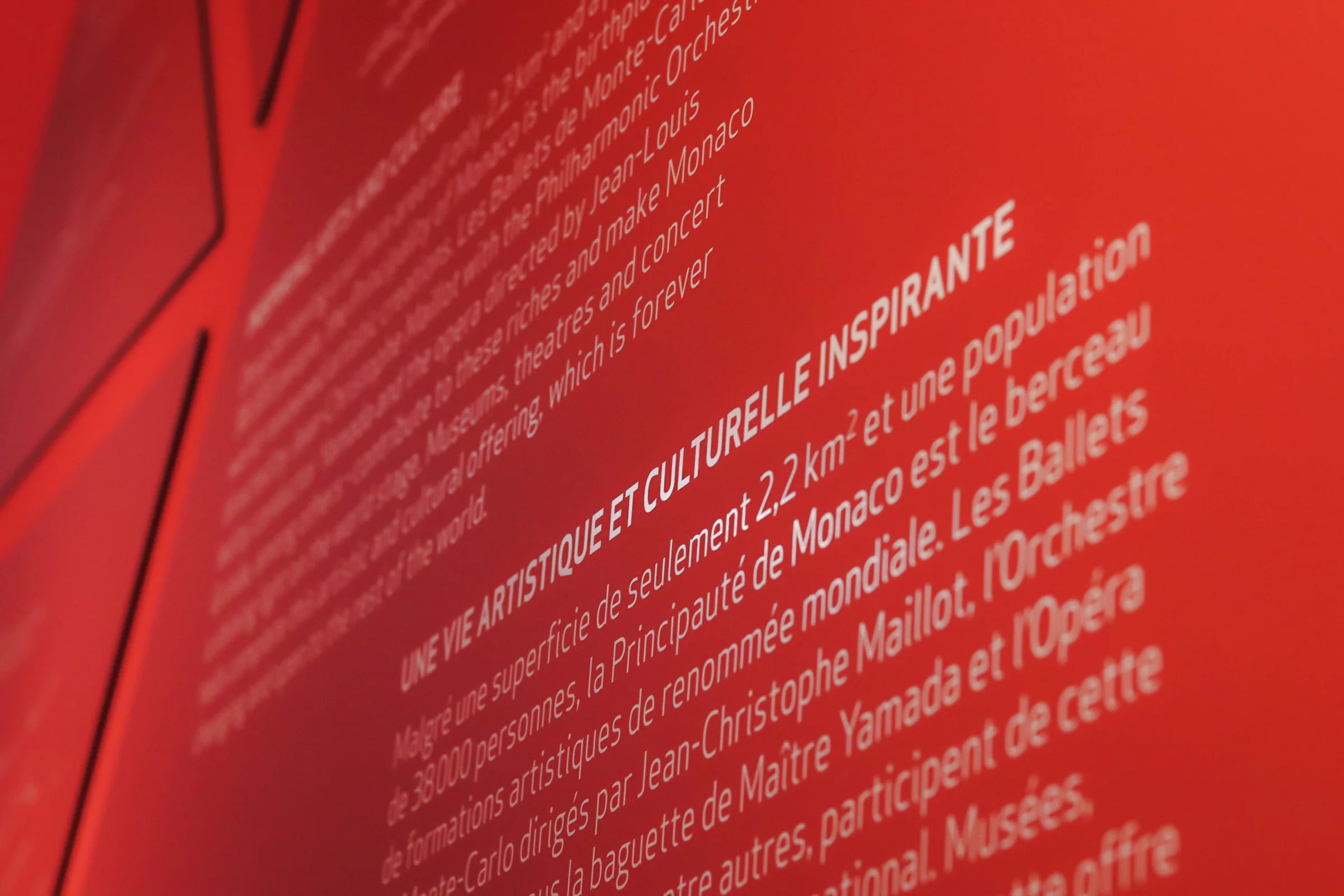 Texte en français sur un fond rouge, évoquant une œuvre artistique ou une description culturelle. La photo est floue, impossible de distinguer les détails précis ou l'image elle-même.