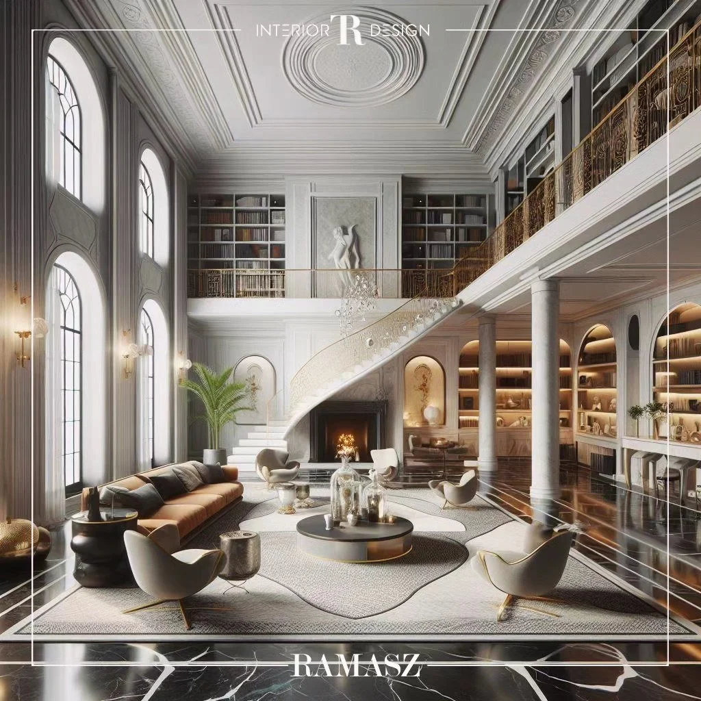 Double height living room with a mezzanine library inspired by the castle of Beast. I mixed modern and traditional architectural elements with slightly futuristic designer furniture.

#architecture #interiordesign #library #luxury #design