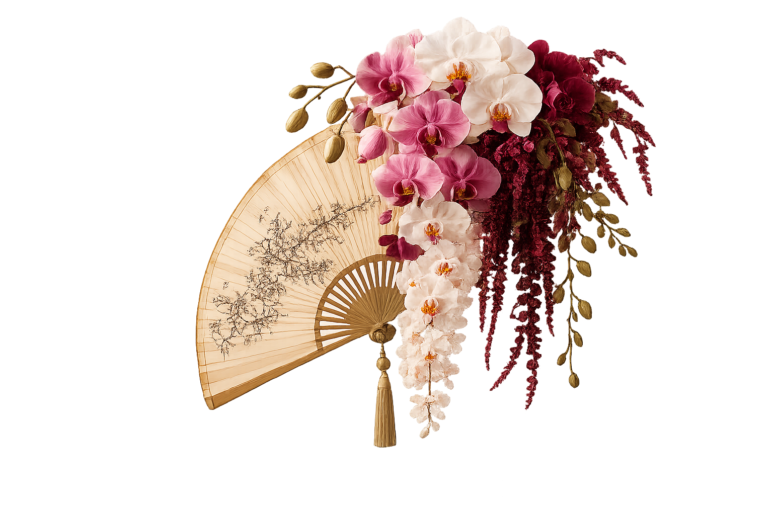 An ornate hand fan decorated with pink, white, and purple orchids, with hanging tassels, against a soft gradient background.