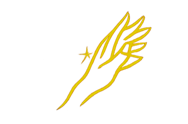 A stylized golden outline of a hand with three fingers and a star near the wrist, against a black background.