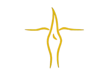 Gold-colored abstract human figure with arms raised and a heart shape at the center