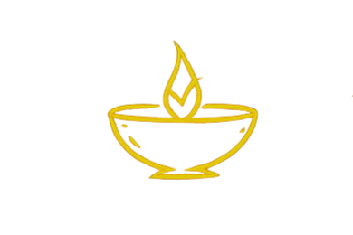 A glowing yellow and orange Diwali oil lamp with a flame, decorated with orange and red designs.
