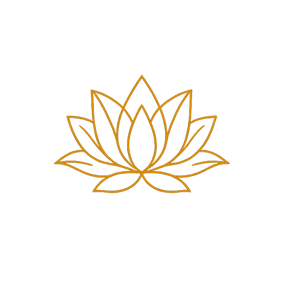 A gold outline of a stylized lotus flower on a black background.