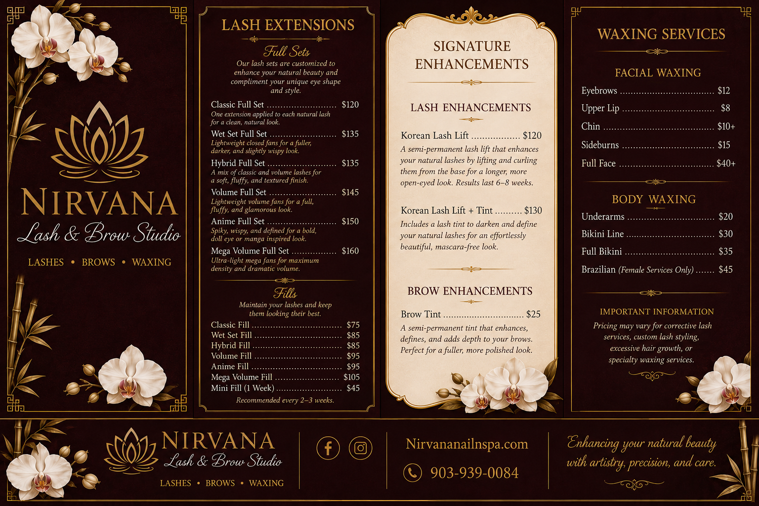 A detailed spa or salon menu for Nirvana Lash & Brow Studio. It features sections for lash extensions, signature enhancements, brow enhancements, and waxing services. The menu is decorated with floral designs, primarily orchids, and has a luxurious dark red and gold color scheme.