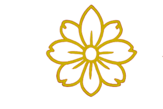 Neon outline of a cherry blossom flower with six petals against a black background.