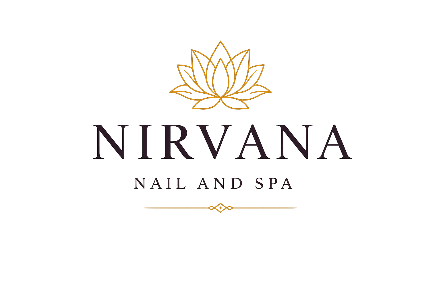 Nirvana Nail and Spa logo with a gold lotus flower and dark purple text.