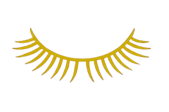A pair of gold false eyelashes arranged in a semi-circle on a black background.