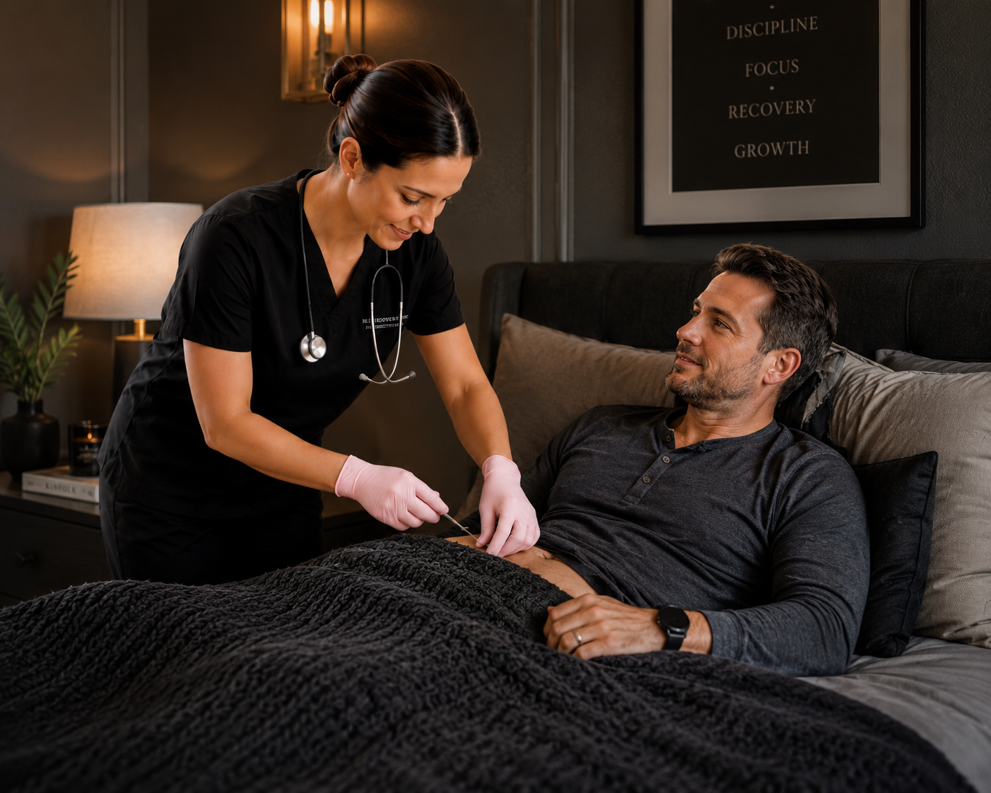 Licensed nurse providing private post-operative recovery care to a male patient at home — His Recovery Co. Dallas Fort Worth