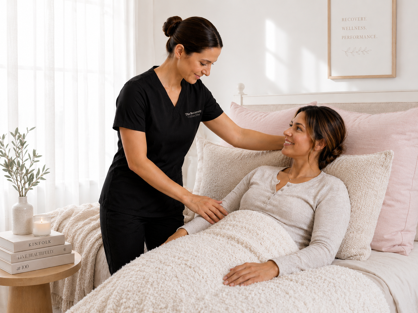 Licensed nurse providing compassionate post-operative recovery care to a female patient at home — Her Recovery Co. Dallas Fort Worth