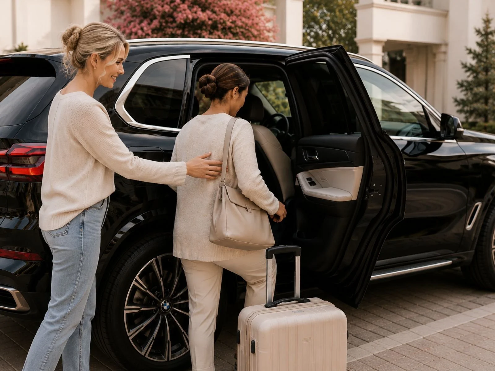 Her Recovery Co. private transportation service assisting a post-operative patient with safe discharge transport in Dallas Fort Worth