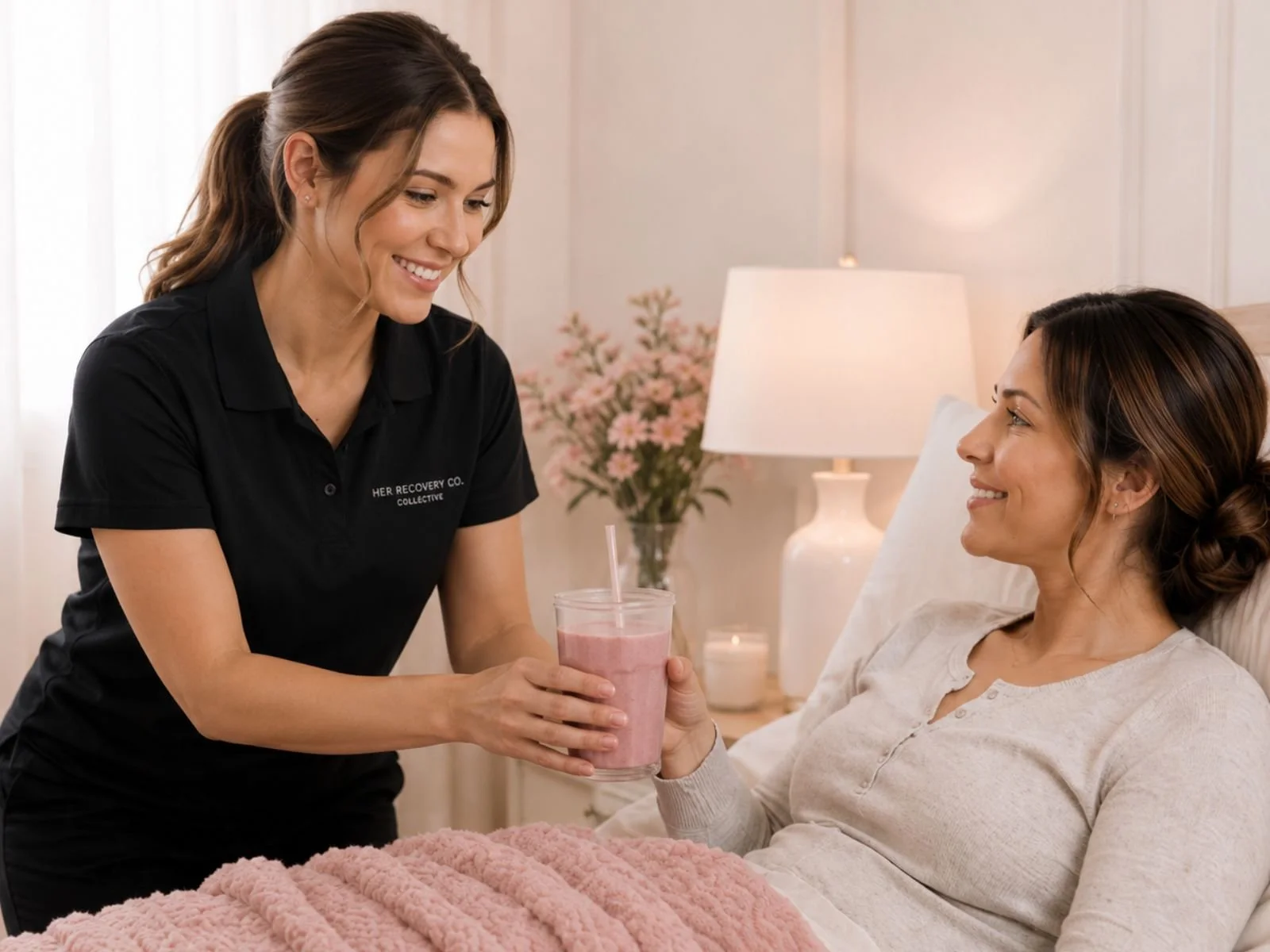 Her Recovery Co. caregiver providing post-operative recovery support and nutrition assistance to a patient at home in Dallas Fort