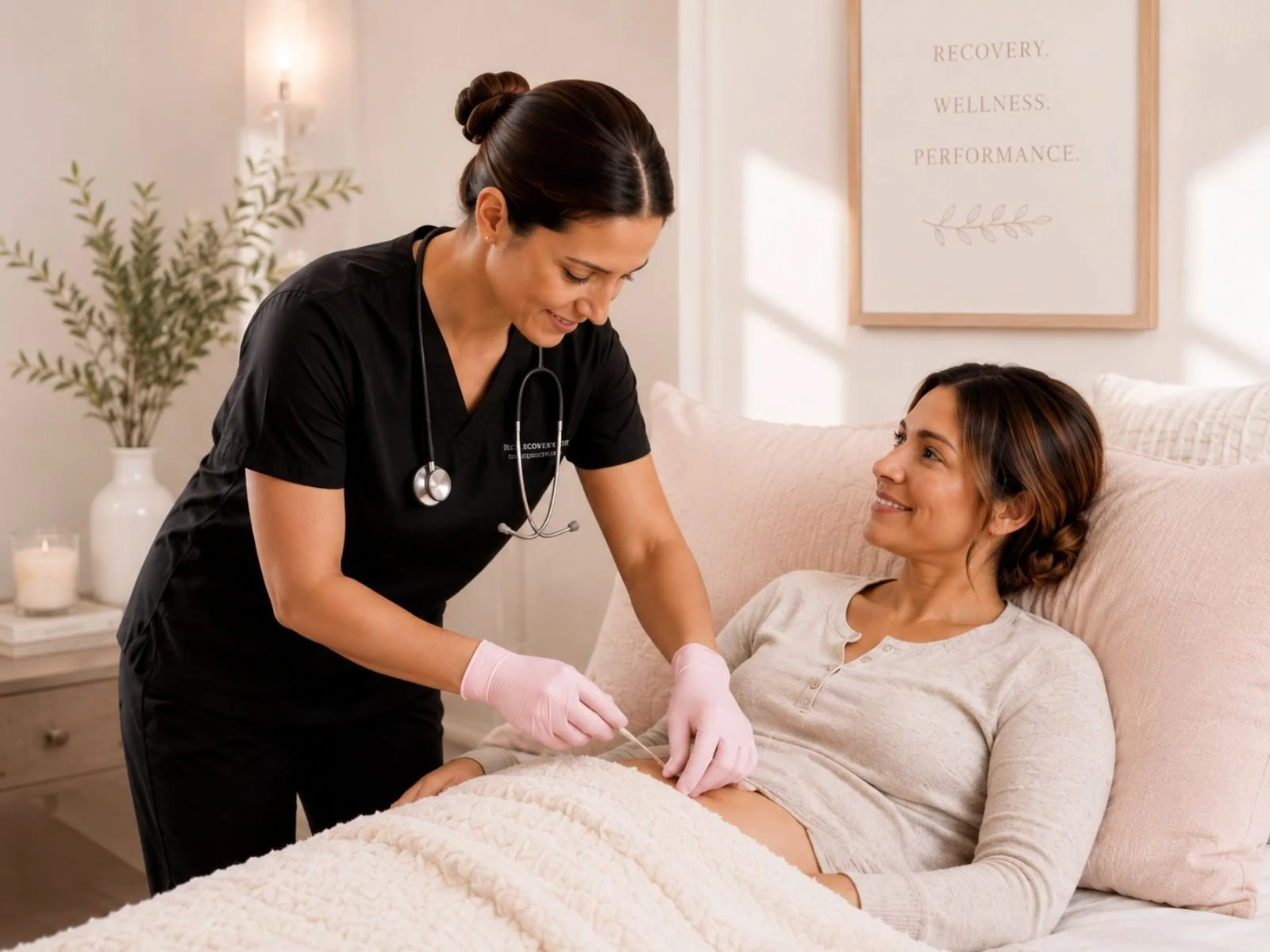 Licensed RN administering in-home post-operative care to a patient — private nursing services by Her Recovery Co. Dallas Fort Worth