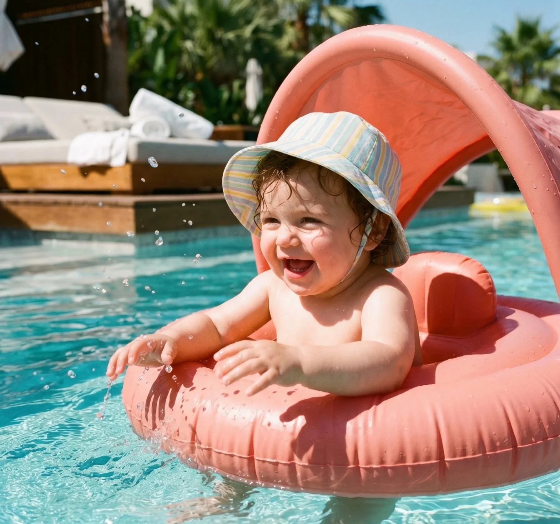 A young child with wet curly hair wearing a striped sun hat, smiling and playing in a swimming pool, sitting in an orange pool float, with water splashing around.