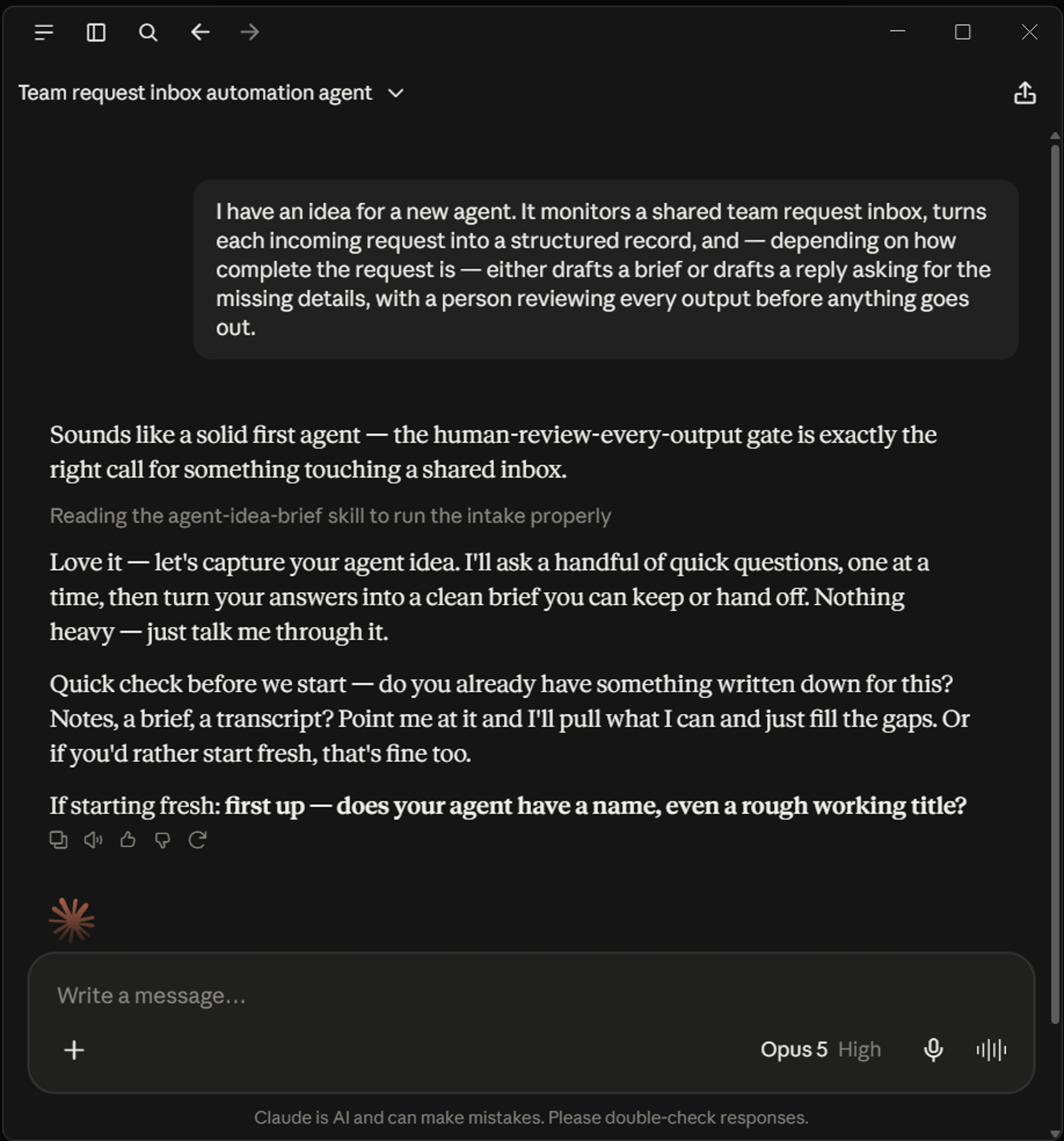 A Claude conversation where an agent idea is captured as one sentence, and the agent-idea-brief skill starts a short intake interview.