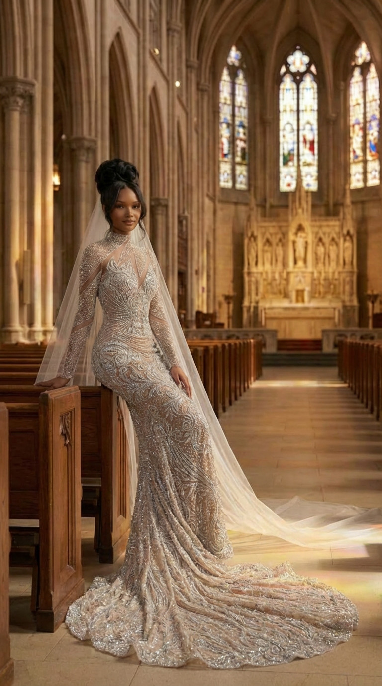 A woman in a detailed, sparkly wedding dress with long sleeves, standing inside a church with high vaulted ceilings, stained glass windows, and ornate wooden pews.