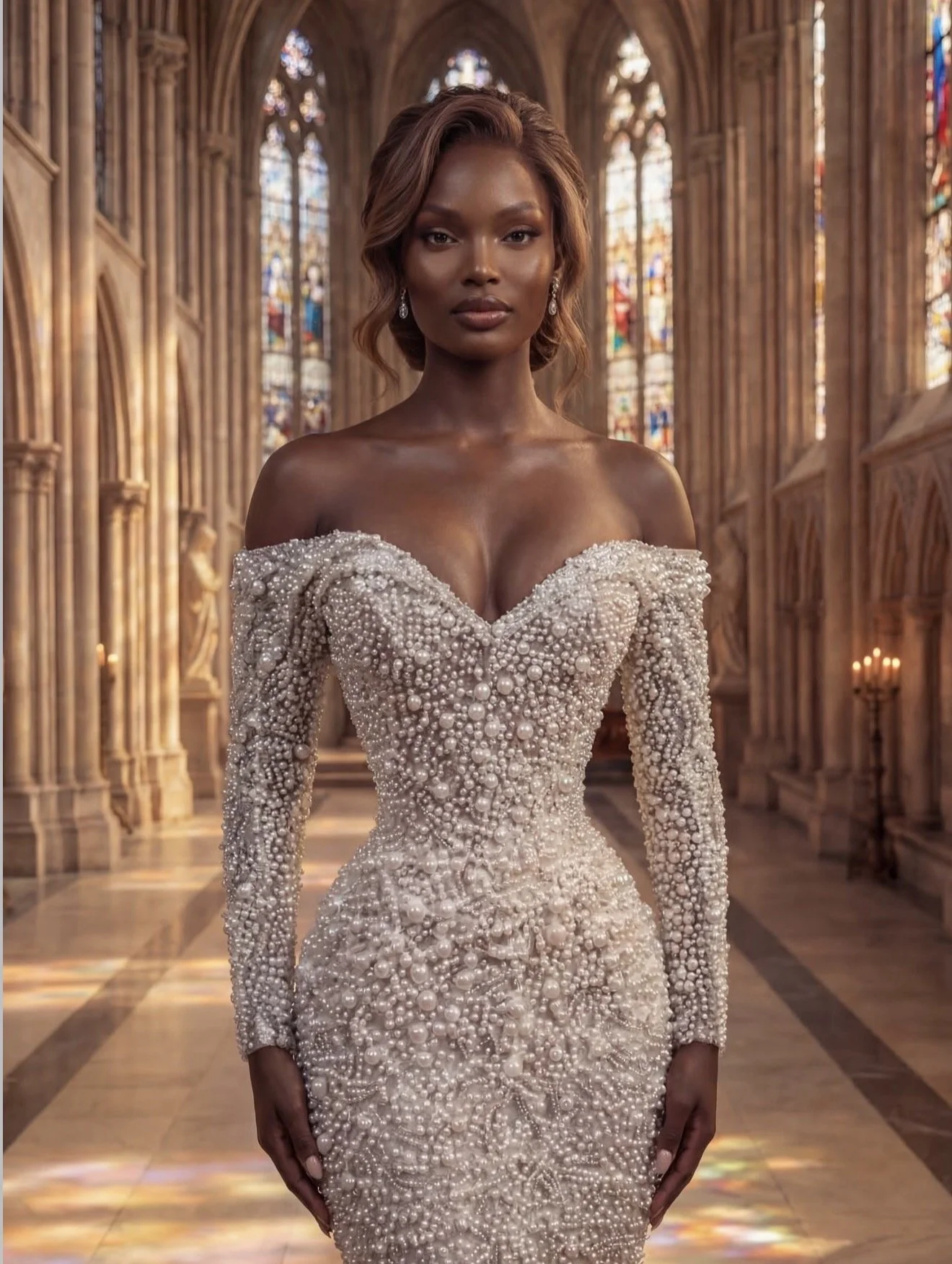 A woman in a lavish pearl-adorned wedding gown standing inside a grand, stained-glass cathedral.