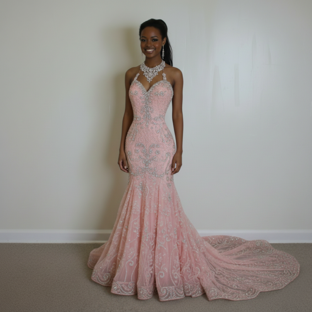 A woman in a pink and silver ornate wedding gown standing in front of a plain white wall.