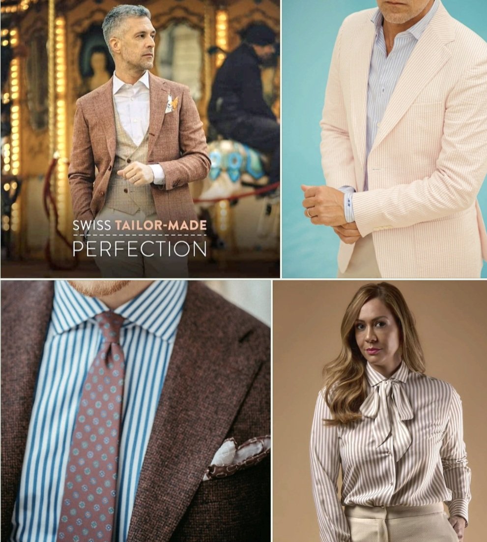 Collage von vier Personen in formeller Kleidung: Oberlinke Person in einem rosa Anzug vor einem Karussell mit Text 'Swiss Tailor-Made Perfection', Oberrechte Person in einem hellrosa Streifenanzug mit blauer Hemd-Kombination gegen hellblauem Hintergrund, Unterlinke Person in einem braunen Anzug mit blauer und weißer gestreifter Krawatte, Unterrechte Person in einem gestreiften Bluse mit Schleife und beigem Rock.