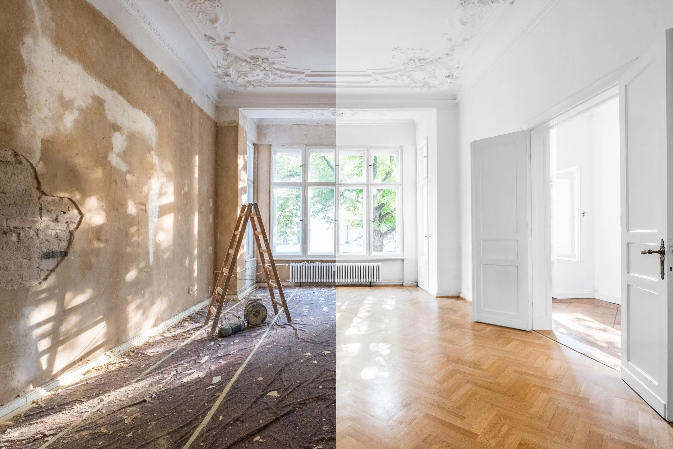 A split image showing a room renovation process. The left side depicts a room with peeling paint and damaged walls, construction tools, and debris on the floor. The right side shows the same room fully renovated with clean, white walls, large windows, hardwood flooring, and a door.