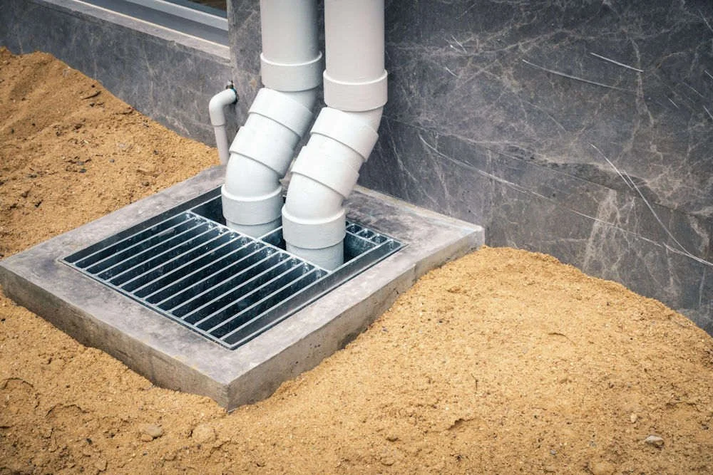 Two PVC pipes connected to a drain grate at the ground level, with surrounding dirt and a stone or marble wall in the background.