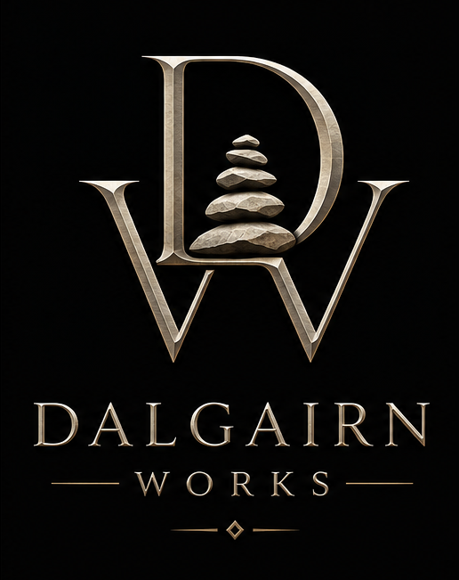 Logo of Dalgairn Works featuring a large letter D with a stack of stones inside it, and the words Dalgairn Works below.