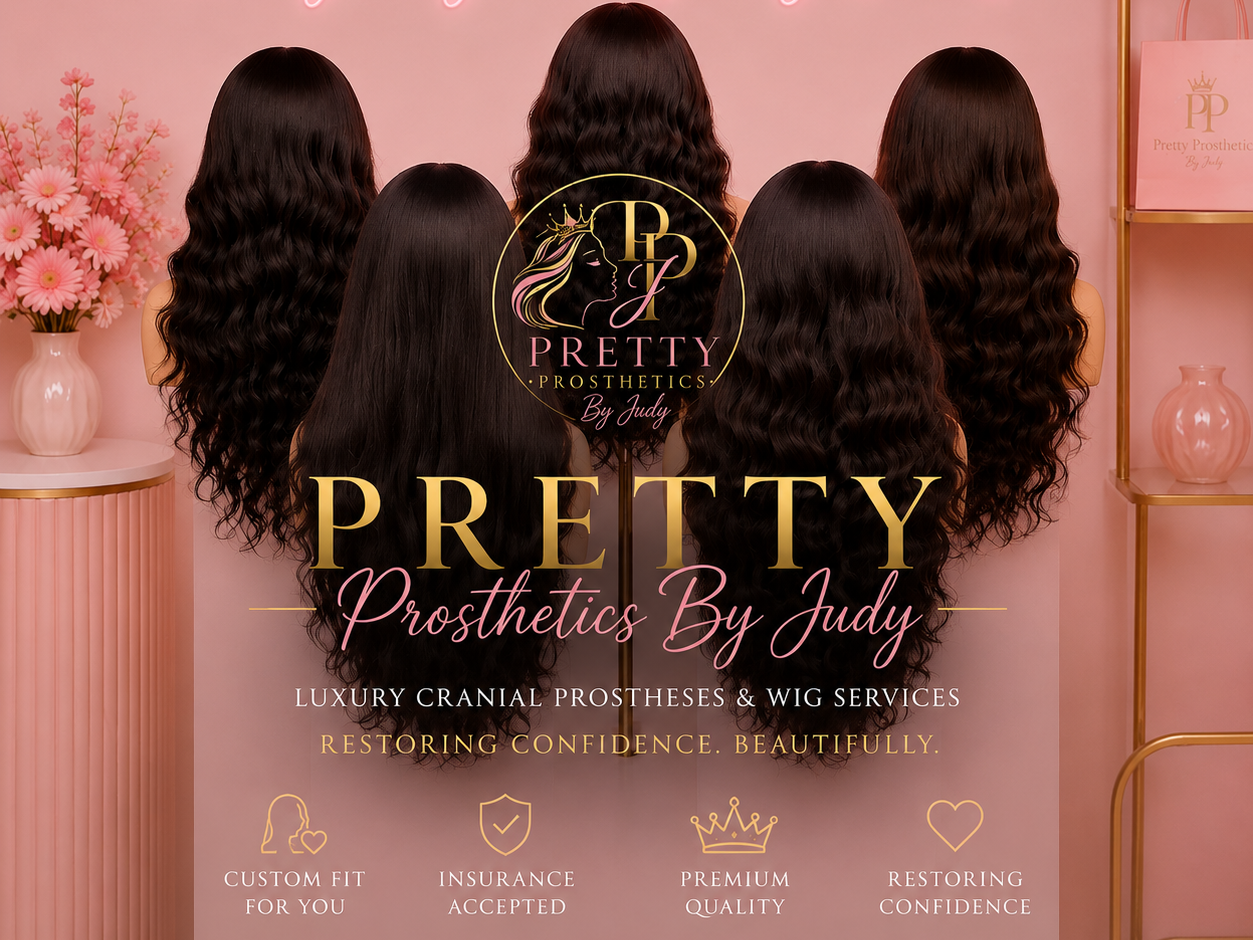 Display of four luxury hair wigs with wavy and straight styles on a pink background with flowers and shelving, promoting Pretty Prosthetics by Judy for cranial prostheses and wig services.