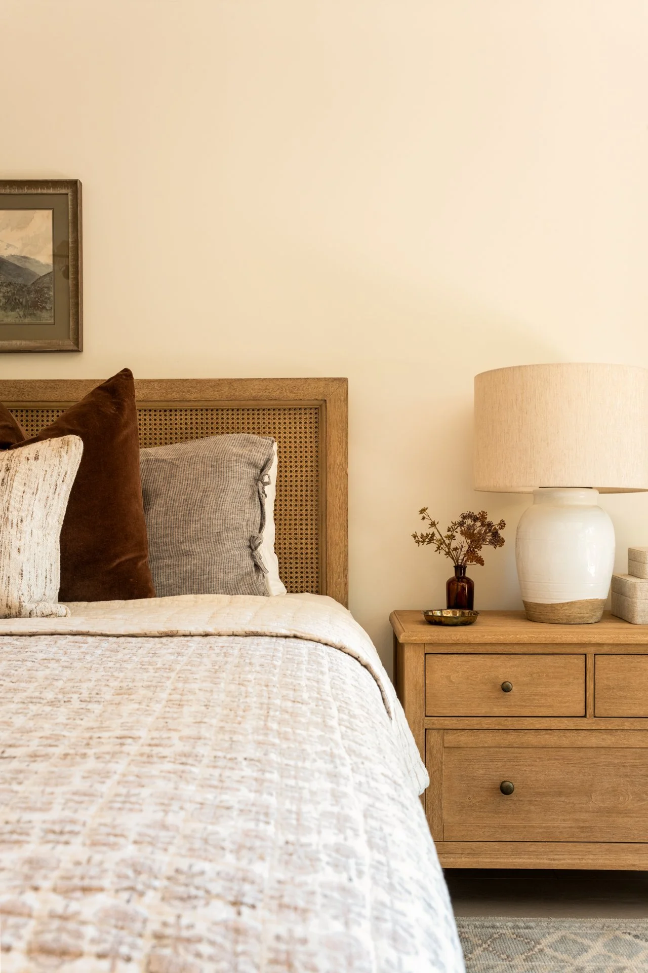 Mountain retreat bedroom with layered textiles