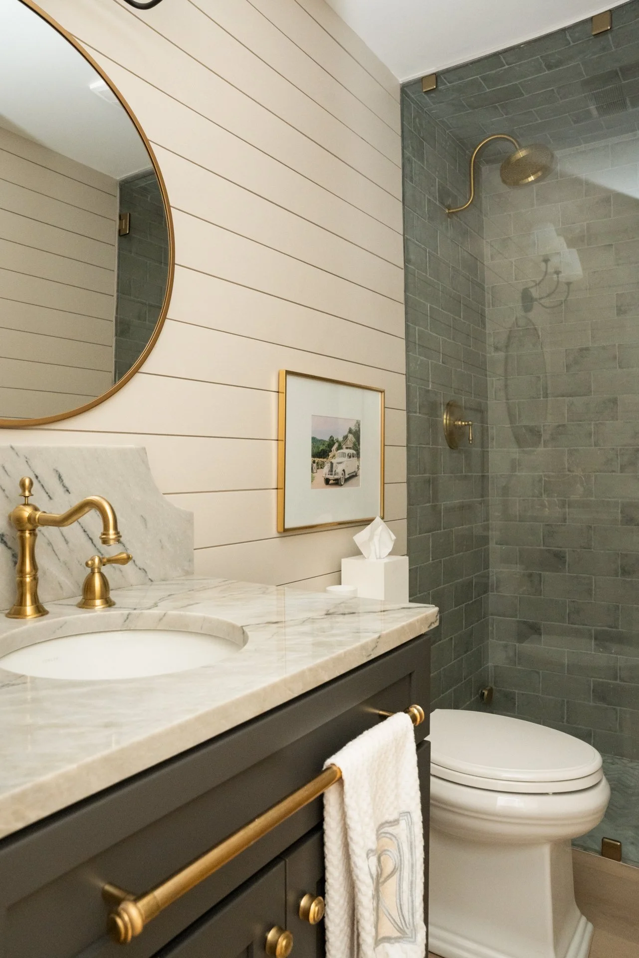 Timeless blue ridge bathroom with steam shower and wrap-around paneling