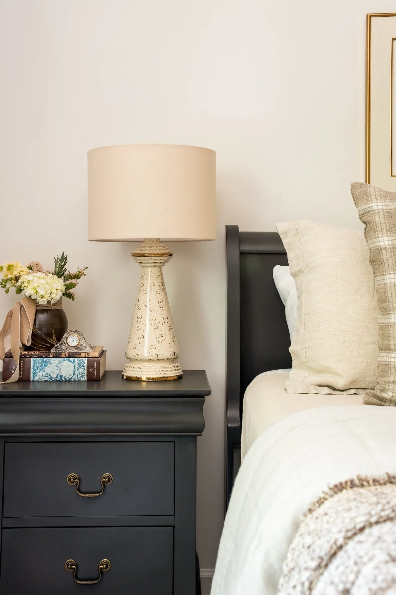 Blue-toned bedroom with block print pillow in Blue Ridge mountain home