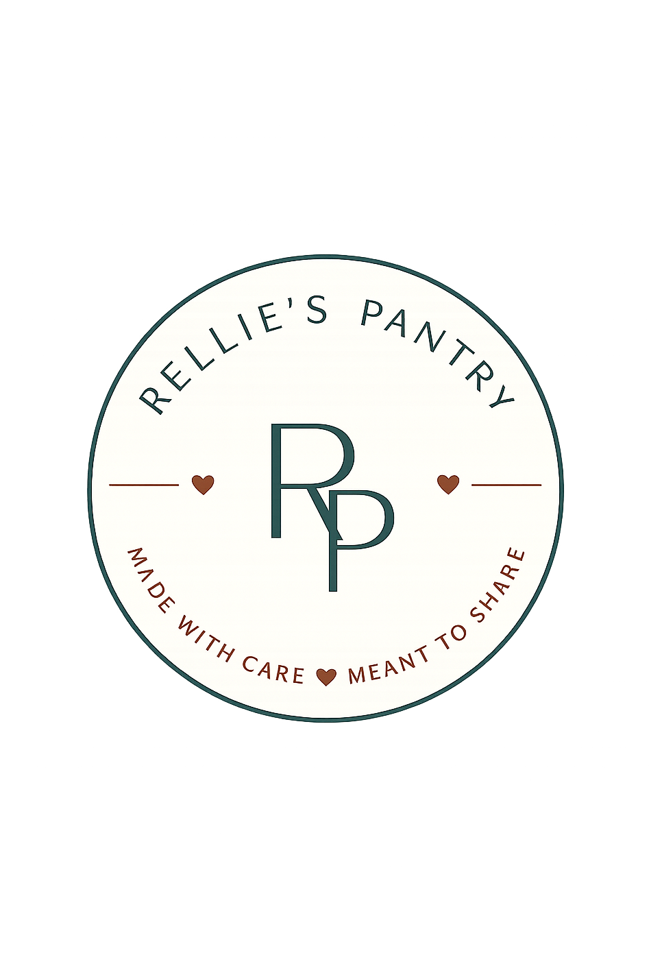 Rellie's Pantry Logo featuring a white circular background with the initials R and P in the center, surrounded by the text "Rellie's Pantry" on top and "Made with Care - Meant to Share" on the bottom, with small heart icons separating the phrase