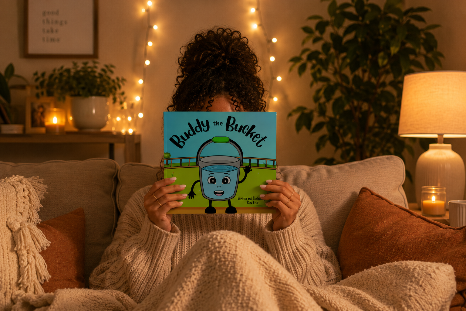 warm, ambient environment reading children's book buddy the bucket about kindness and friendship