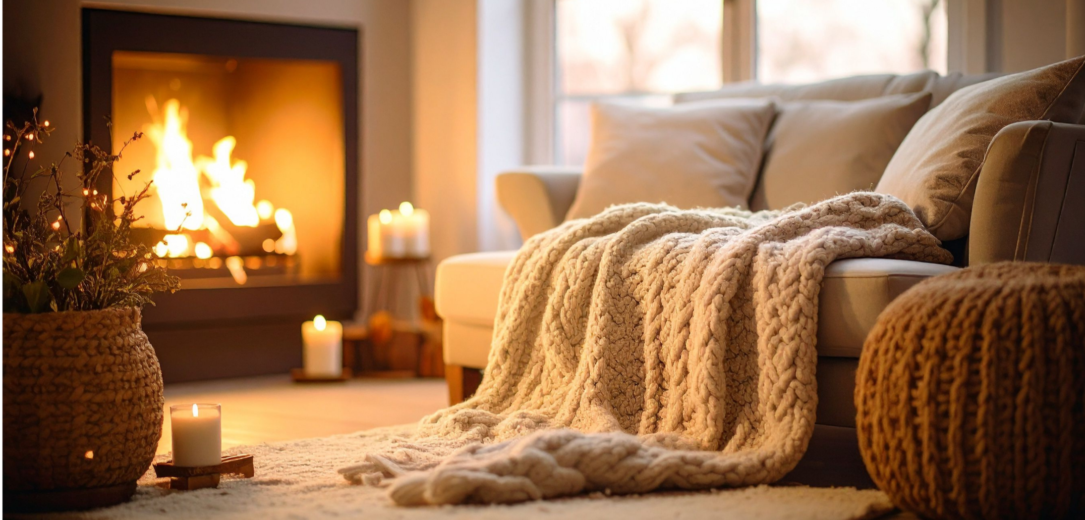 Cozy living room with a beige sofa, chunky knit blanket, and pillows, lit by candles and a fireplace, creating a warm ambiance.