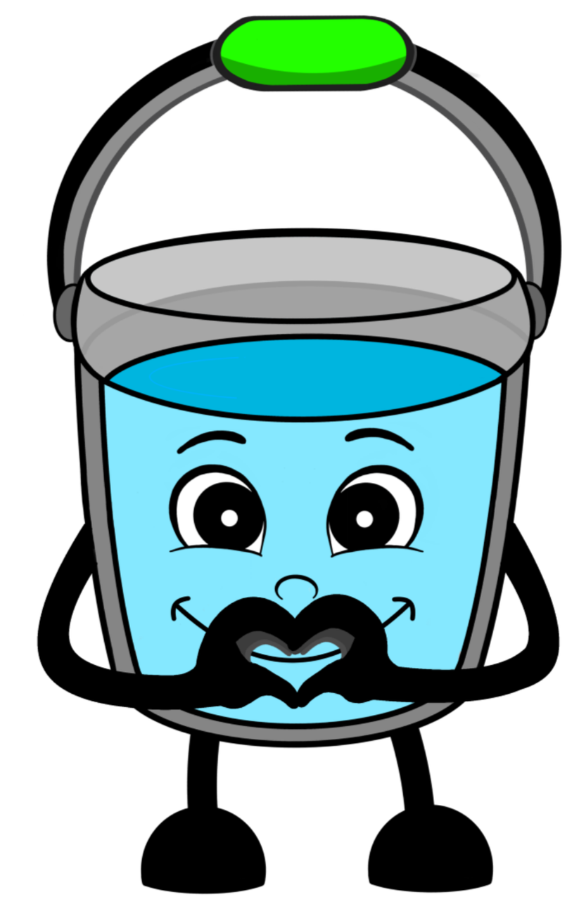 A cartoon illustration of a gray bucket filled with water, with a smiling face on the water's surface. The face has large, expressive eyes, a small nose, and a wide, smiling mouth. The bucket's handle is gray with a green grip, and the illustration has a black background.