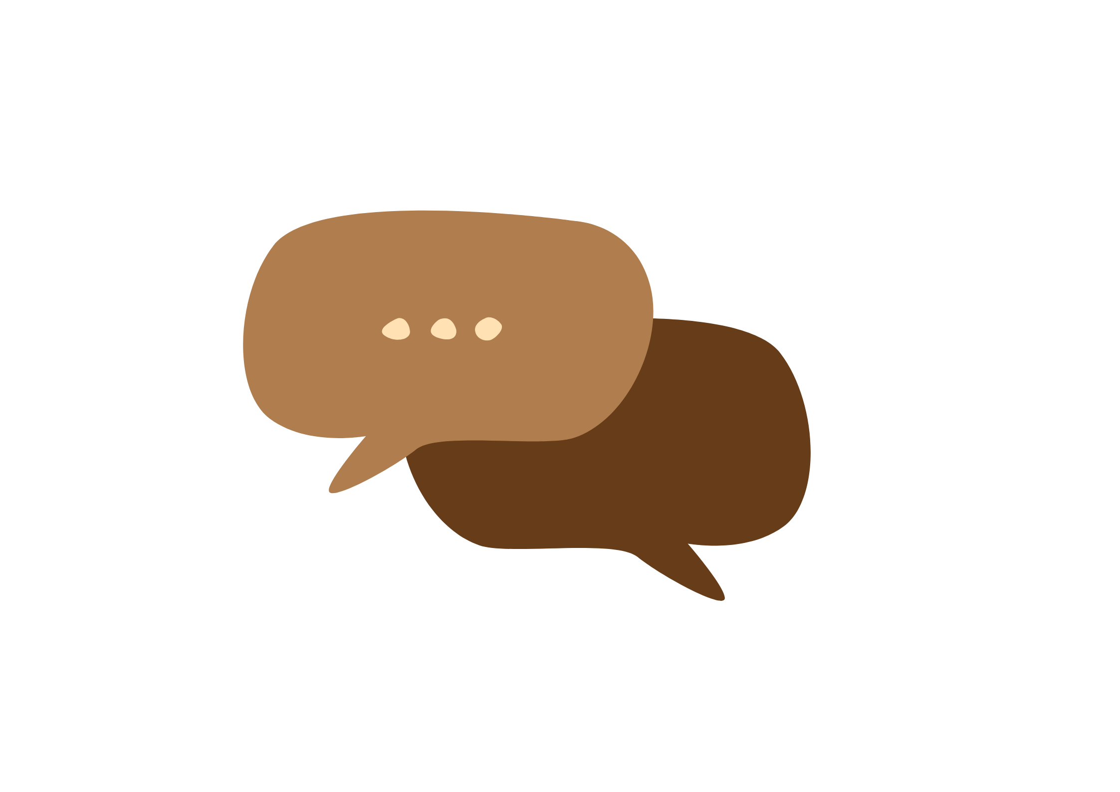 Two overlapping speech bubbles, one tan and one brown, with small dots inside indicating conversation.