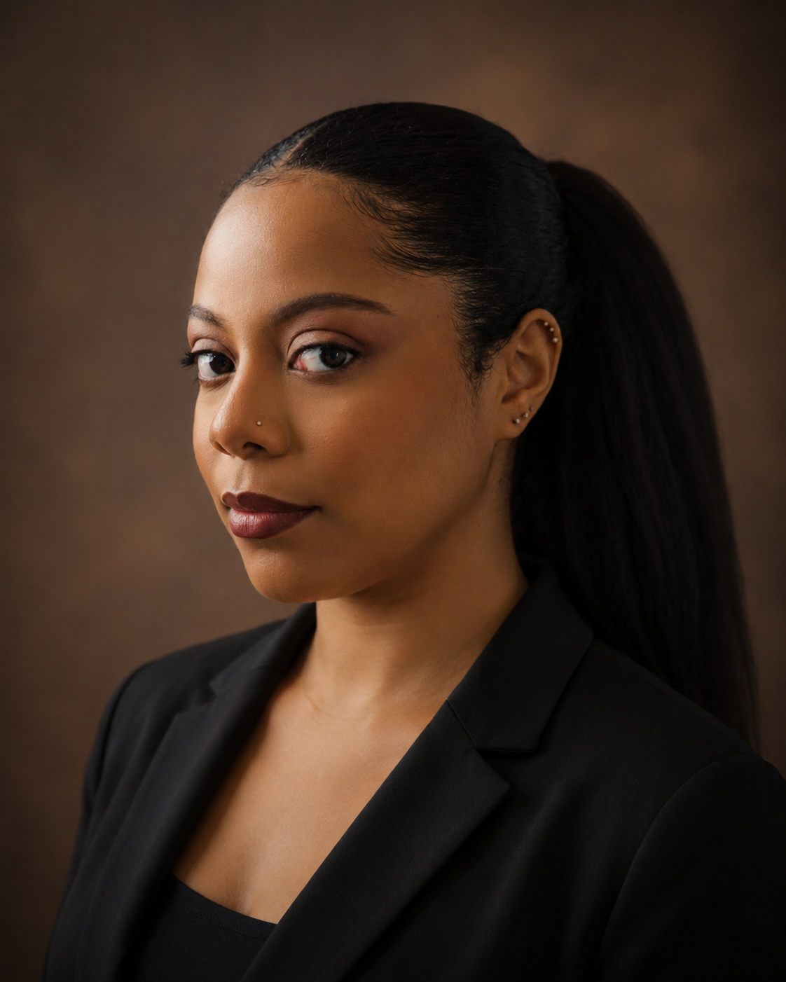 A professional woman with dark hair styled in a sleek ponytail, wearing a black blazer, posing against a brown background.
