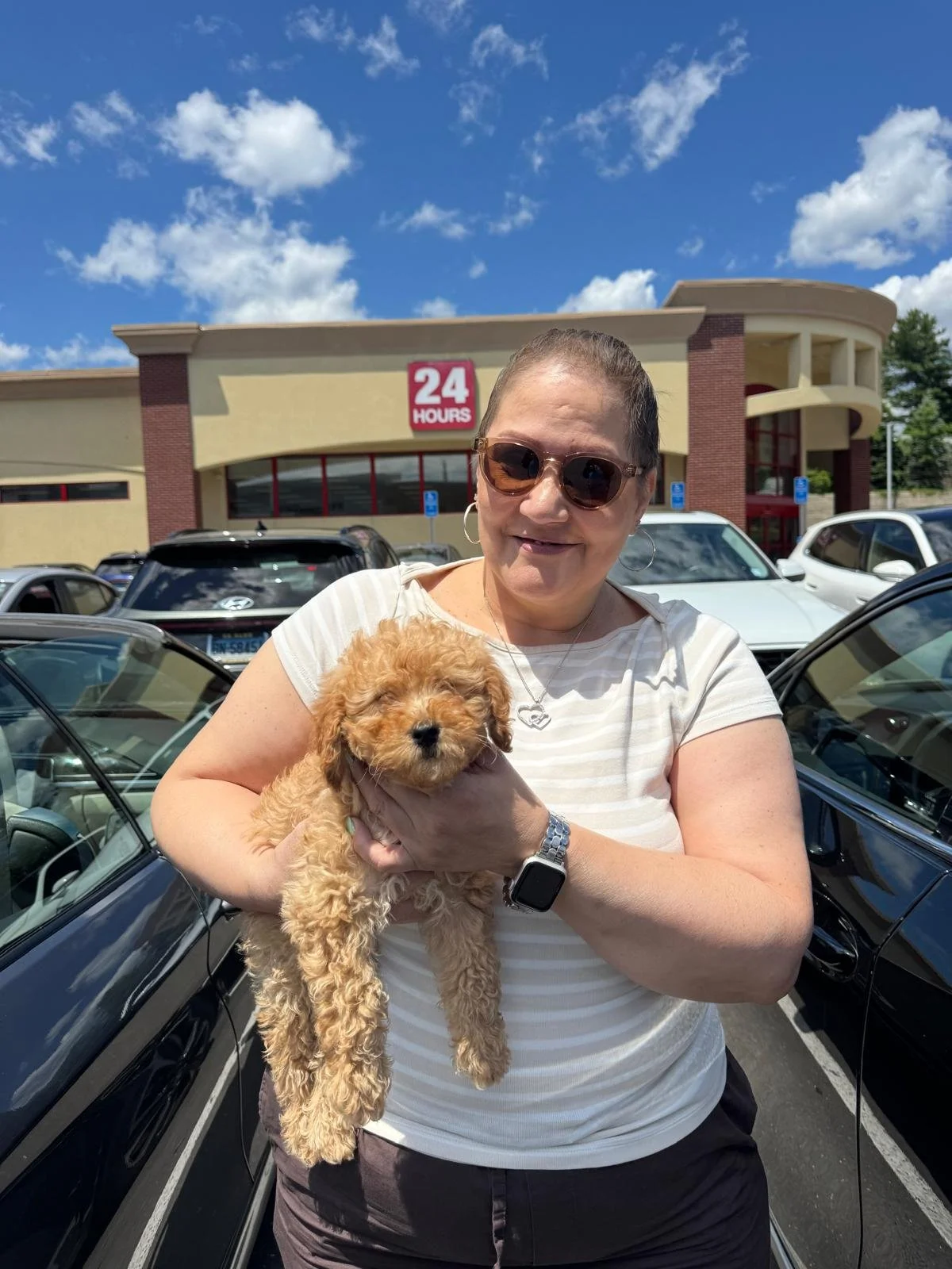 A woman wearing sunglasses and a striped shirt holding a small fluffy brown puppy with curly fur in a parking lot. Behind her, there are parked cars and a building with a sign that reads "24 HOURS" under a blue sky with scattered clouds.