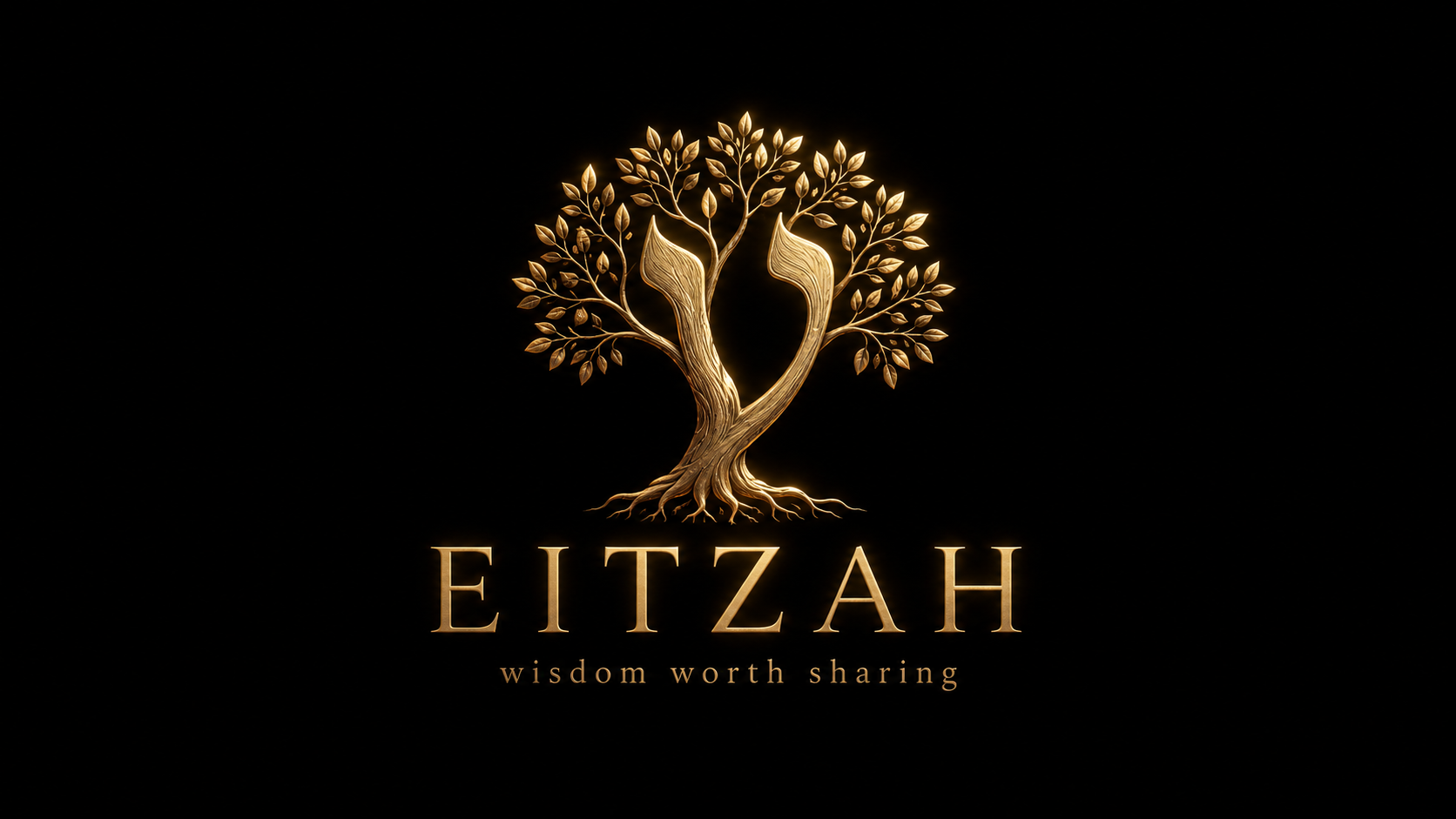 A golden tree with a glowing aura on a black background, with the word 'EITZAH' and the phrase 'wisdom worth sharing' underneath.