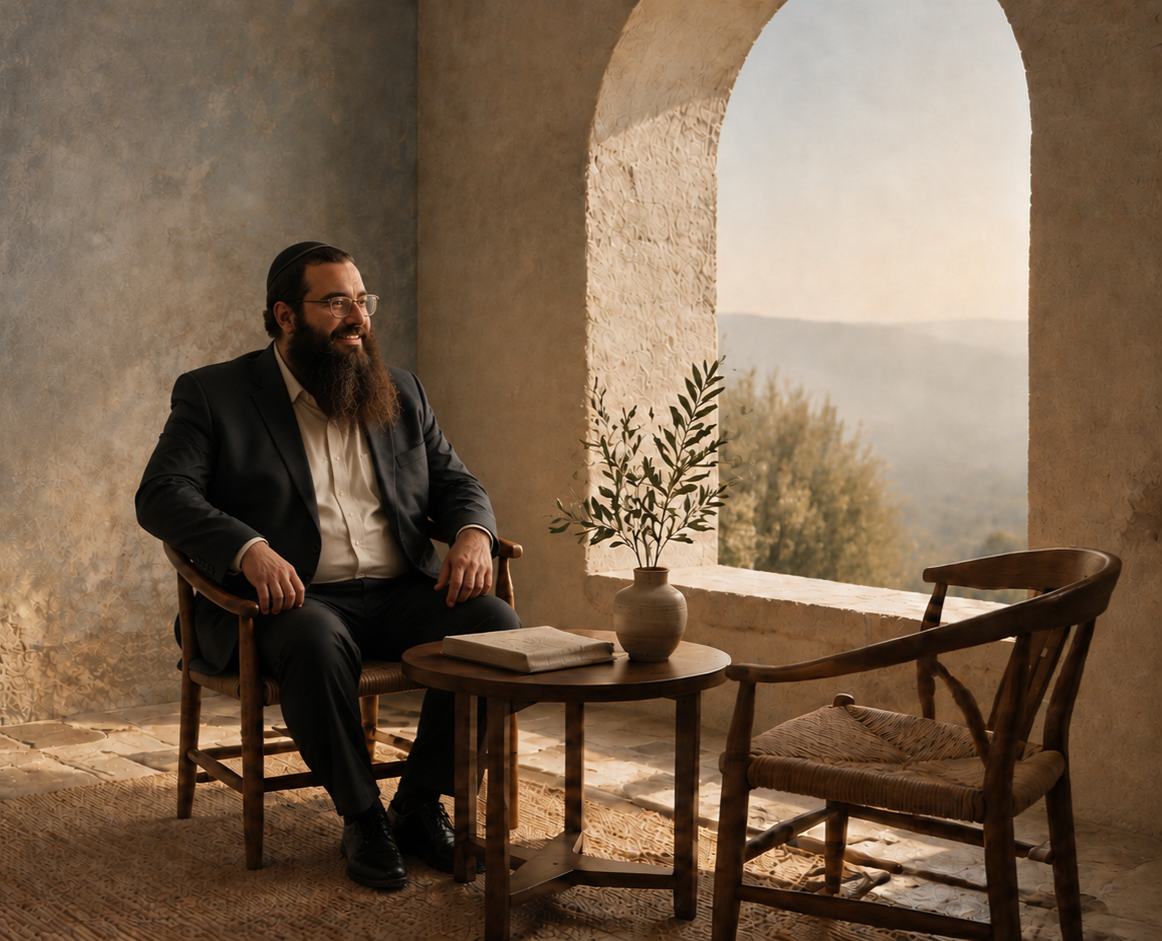 A man with glasses and a beard, dressed in a suit, sitting on a wooden chair in a room with textured walls, near a large arched window with a scenic view of trees and hills. There is a small round table with a potted plant and a book.