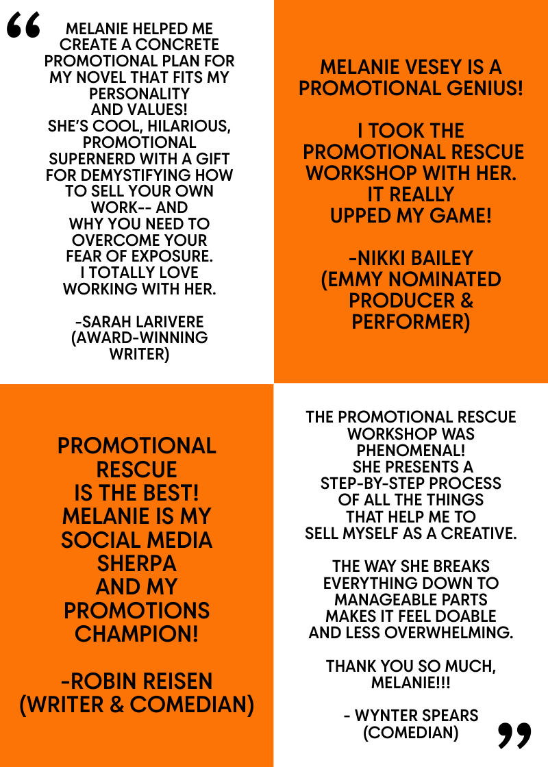 Four quadrants of text with quotes and testimonials about Melanie's promotional rescue workshop and her work, with some text on a white background and some on an orange background.