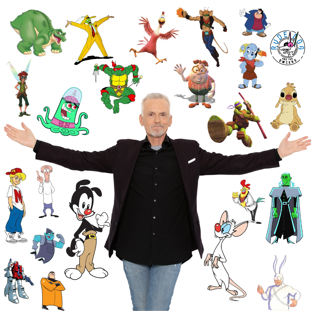 A man with gray hair and a beard standing with arms outstretched, surrounded by various cartoon characters from different animated shows and movies.