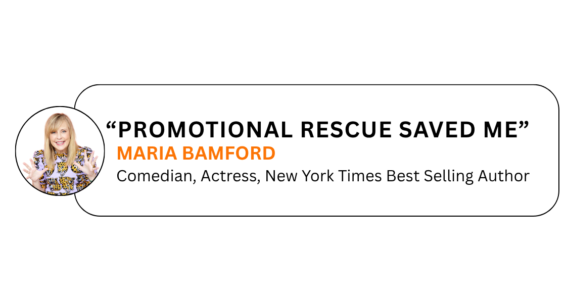 A quote box featuring a headshot of Maria Bamford, a blonde woman with a patterned top, smiling and holding up her hands. The quote reads "Promotional rescue saved me" in large text, with Maria Bamford's name in orange, and her titles as comedian, actress, and New York Times best-selling author below in smaller black text.