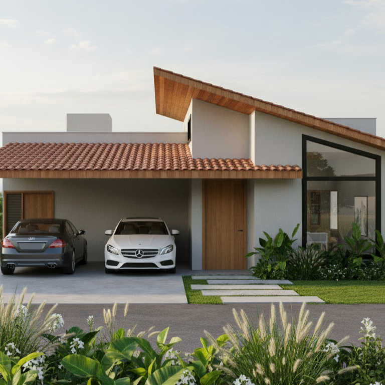 Casa moderna com garagem, carros, jardim e telhado de telhas vermelhas