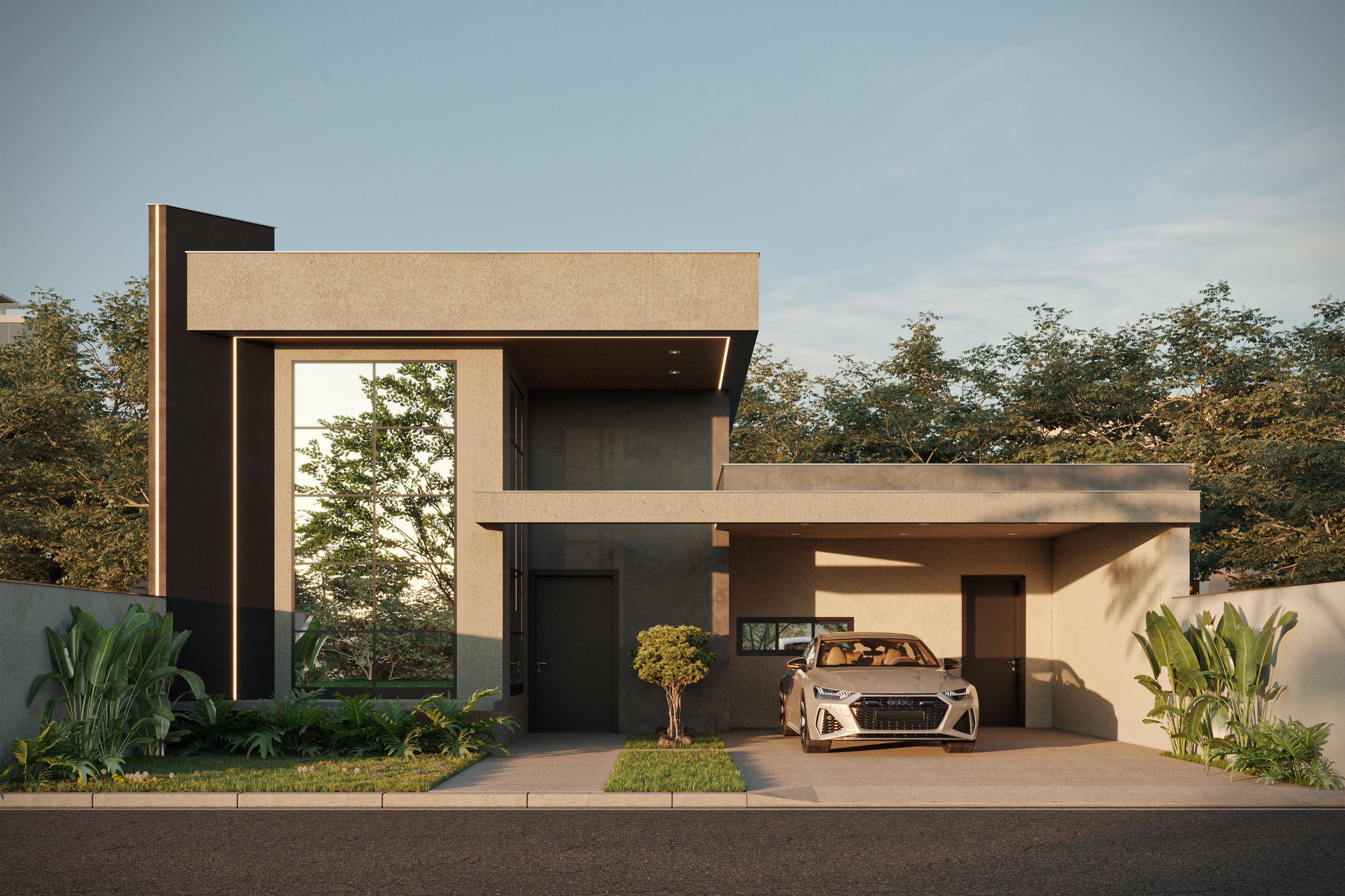 Casa moderna de dois andares com fachada cinza, janelas grandes de vidro, garagem com carro esportivo branco, jardim com arbustos e árvores, sob céu claro.