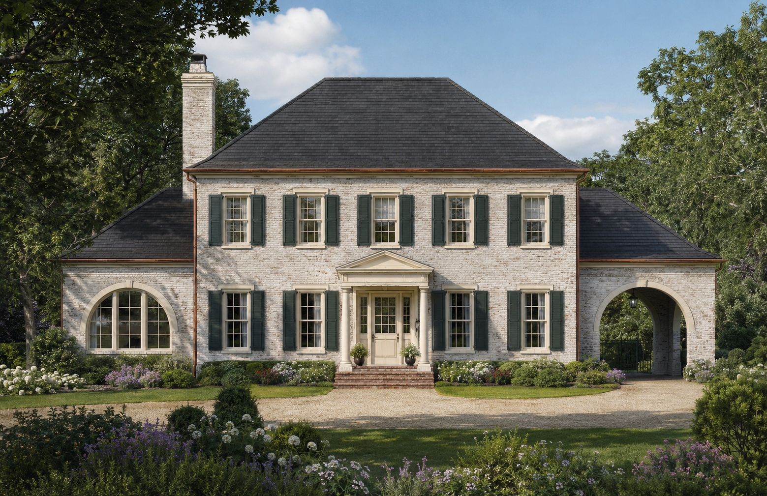 A large two-story white brick house with black shutters and a central front door, surrounded by lush green trees and a landscaped garden with flowers.