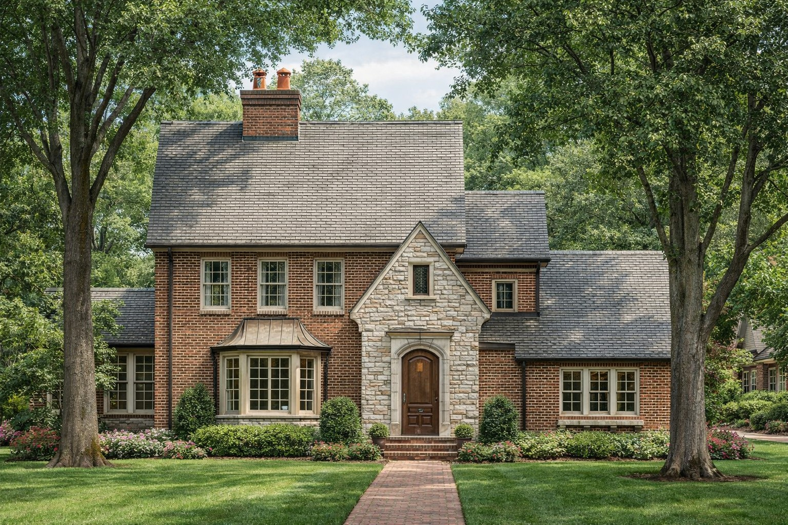 A brick house with a gray shingled roof, stone accents around the front door, and tall trees on either side, surrounded by a green lawn and flower beds.