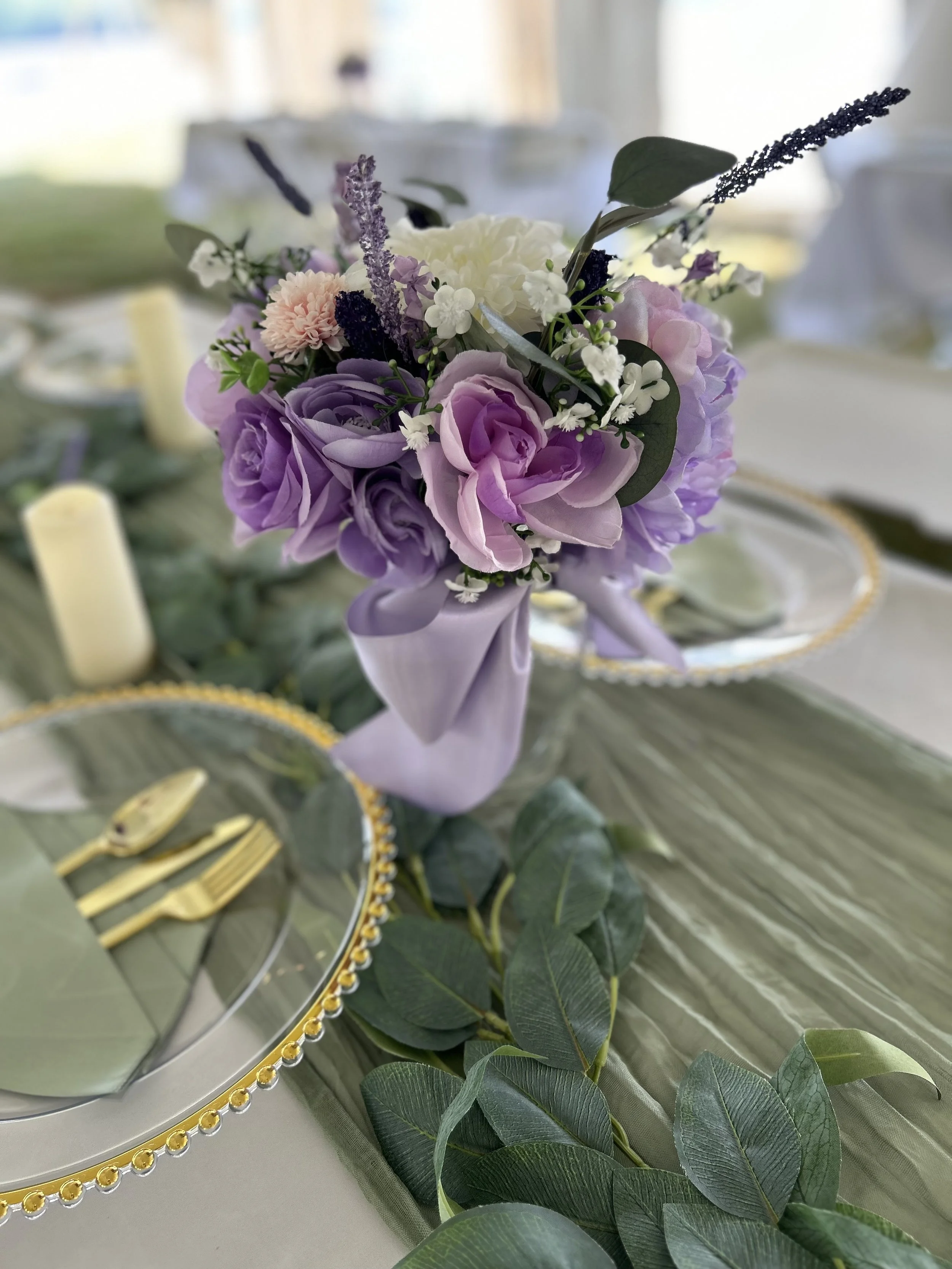 Lavender and white floral centerpiece with roses and eucalyptus, custom design by Well Gathered