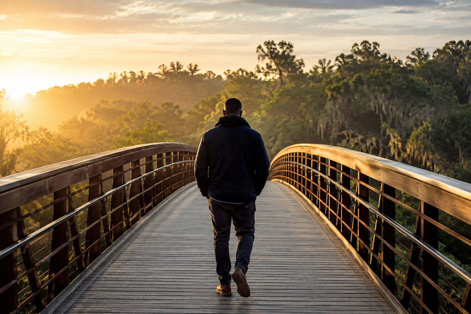 A man walking on a wooden bridge at sunset, surrounded by greenery.