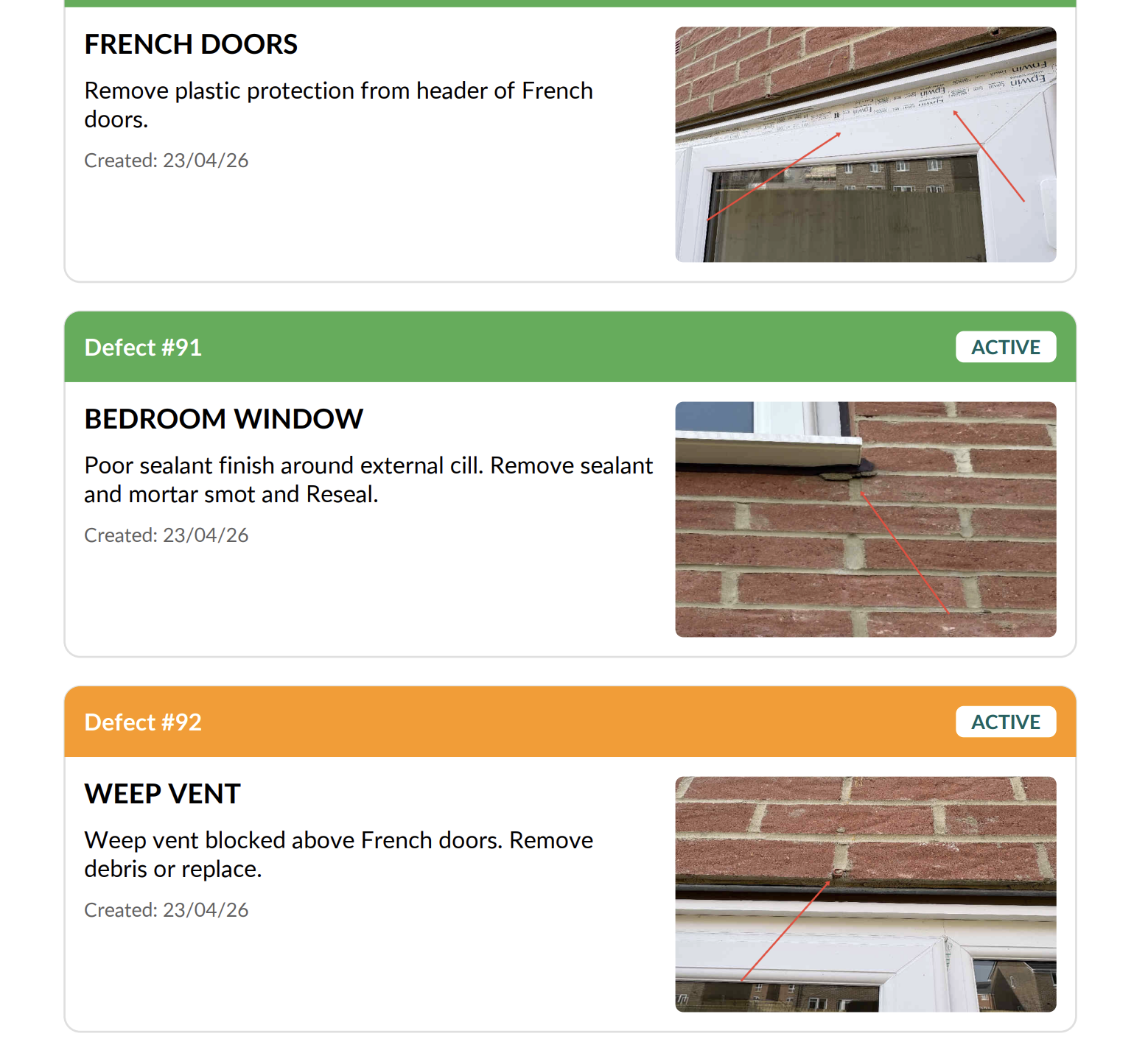Screenshots of a maintenance or inspection report for French doors and windows, showing issues like removal of plastic protection, poor sealant finish, blocked weep vent, with images of the respective door and window sections.