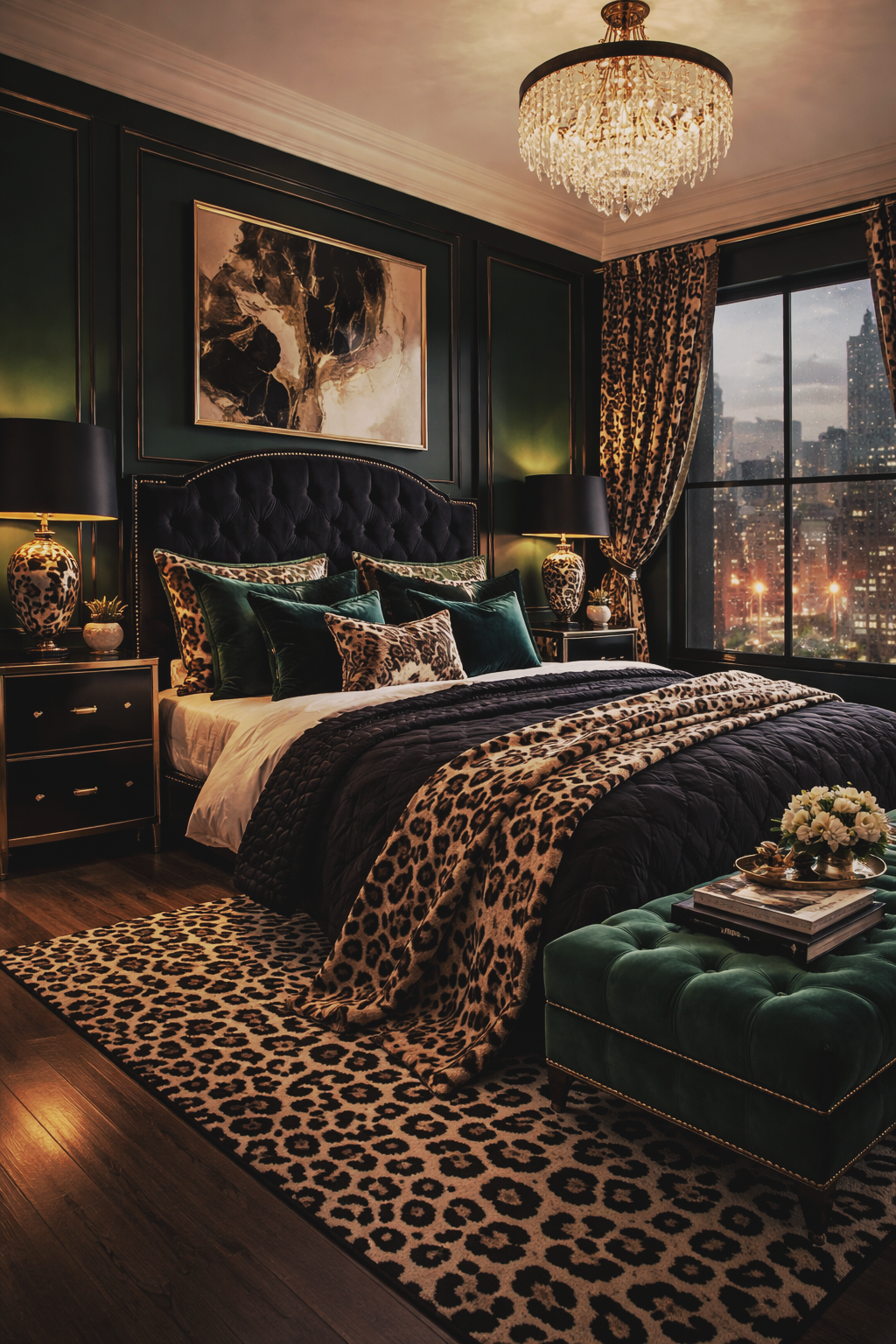Luxurious bedroom with dark green walls, leopard print accents, a velvet tufted headboard, and city views through large windows.